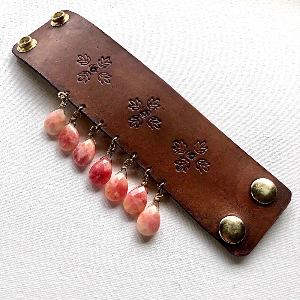 Rhodochrosite Leather Cuff